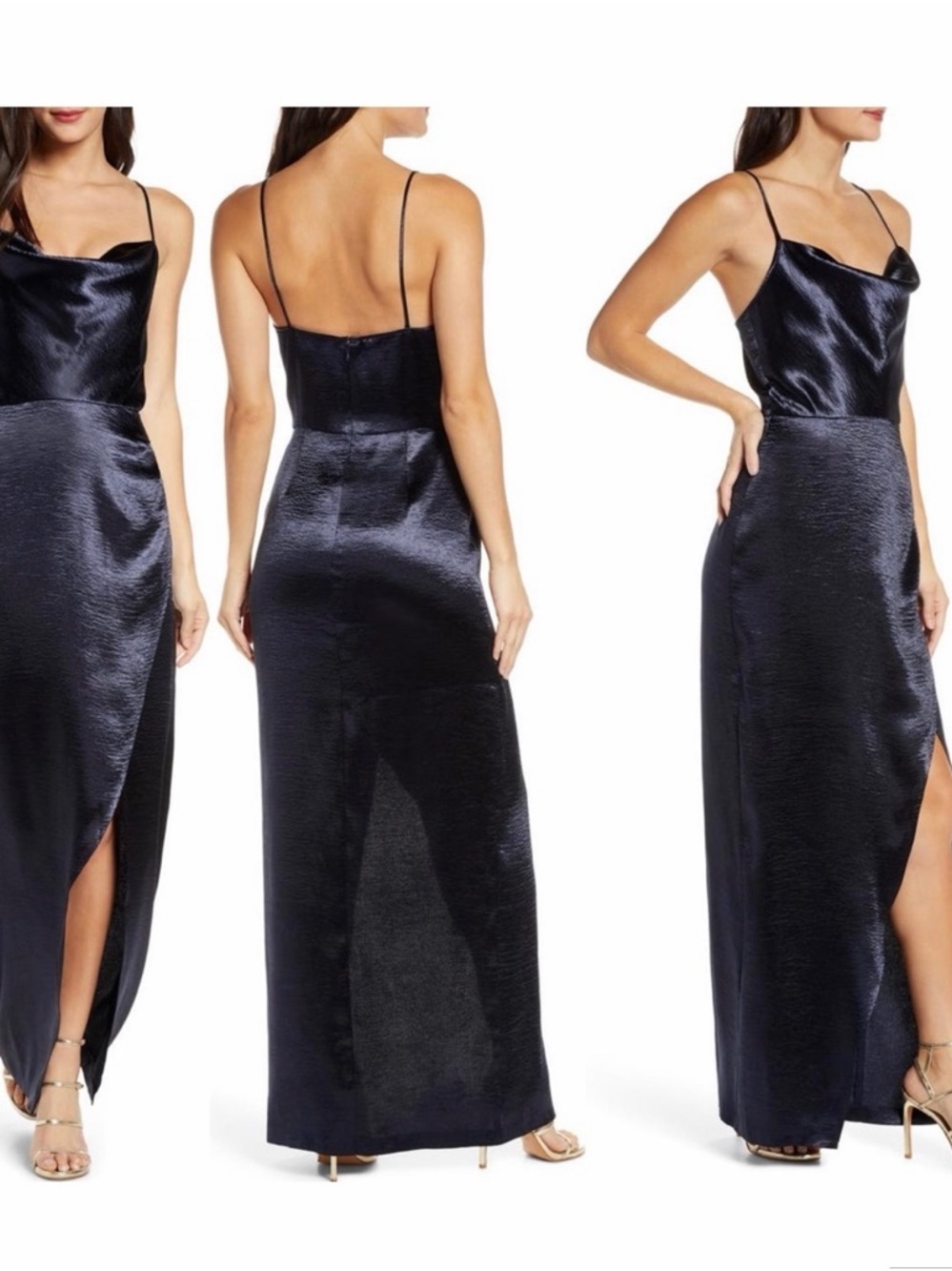WAYF Satin Maxi Dress Small Navy Blue Formal Cowl Neck NWT - Picture 5 of 5